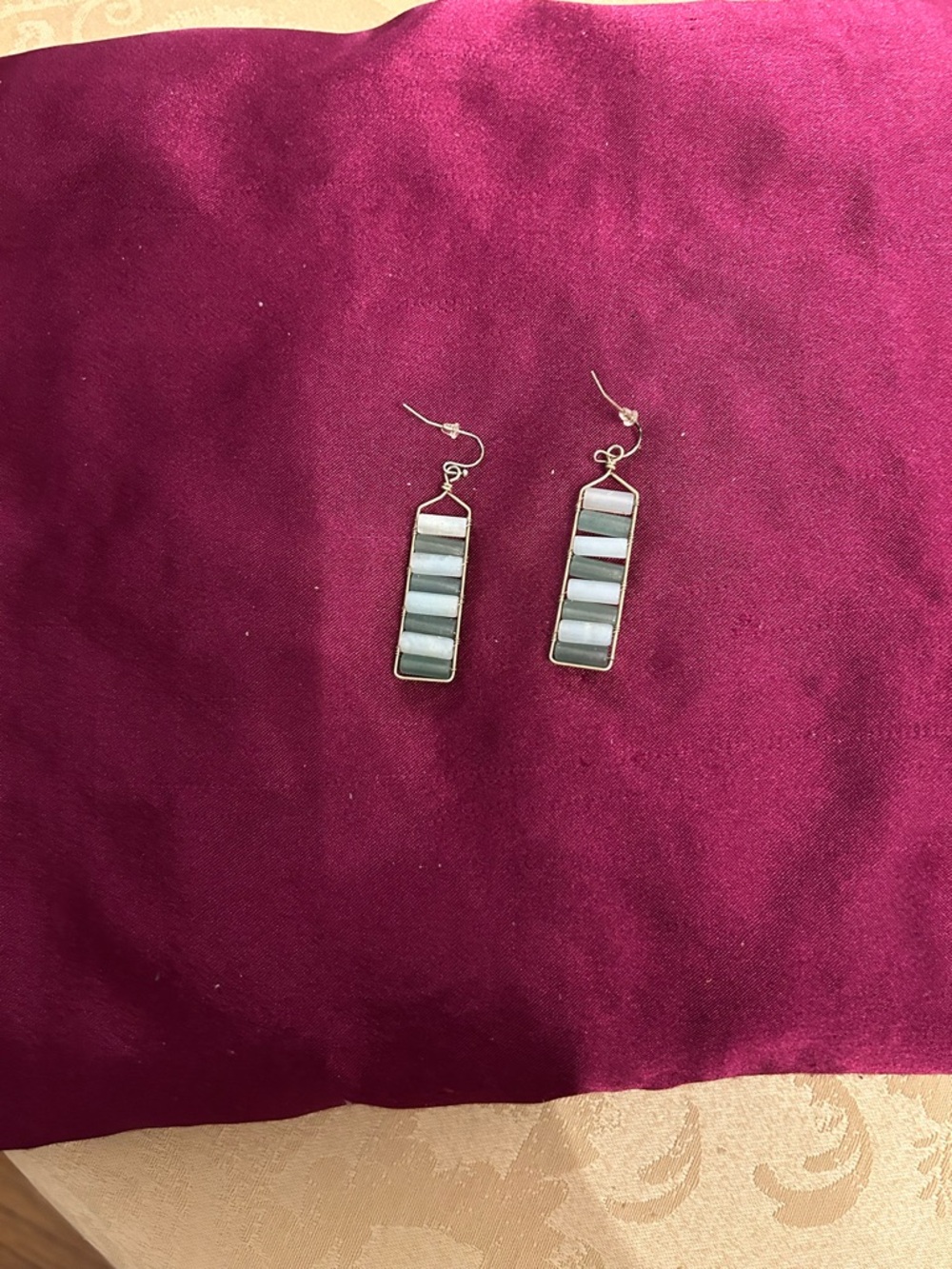 Silver Rectangular Inlay Drop Earrings - Women Jewelry. Green & White.